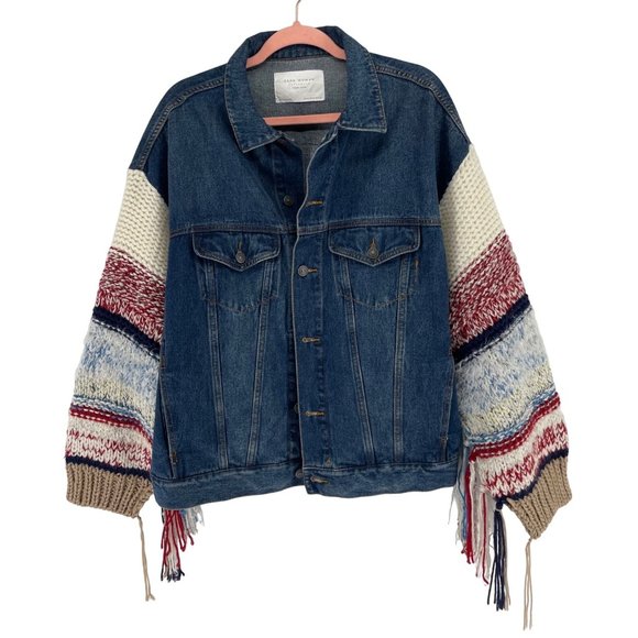 Zara Jackets & Blazers - Zara Women's Size Medium Denim Jean Jacket W/ Multi-Colored Fringe Knit …